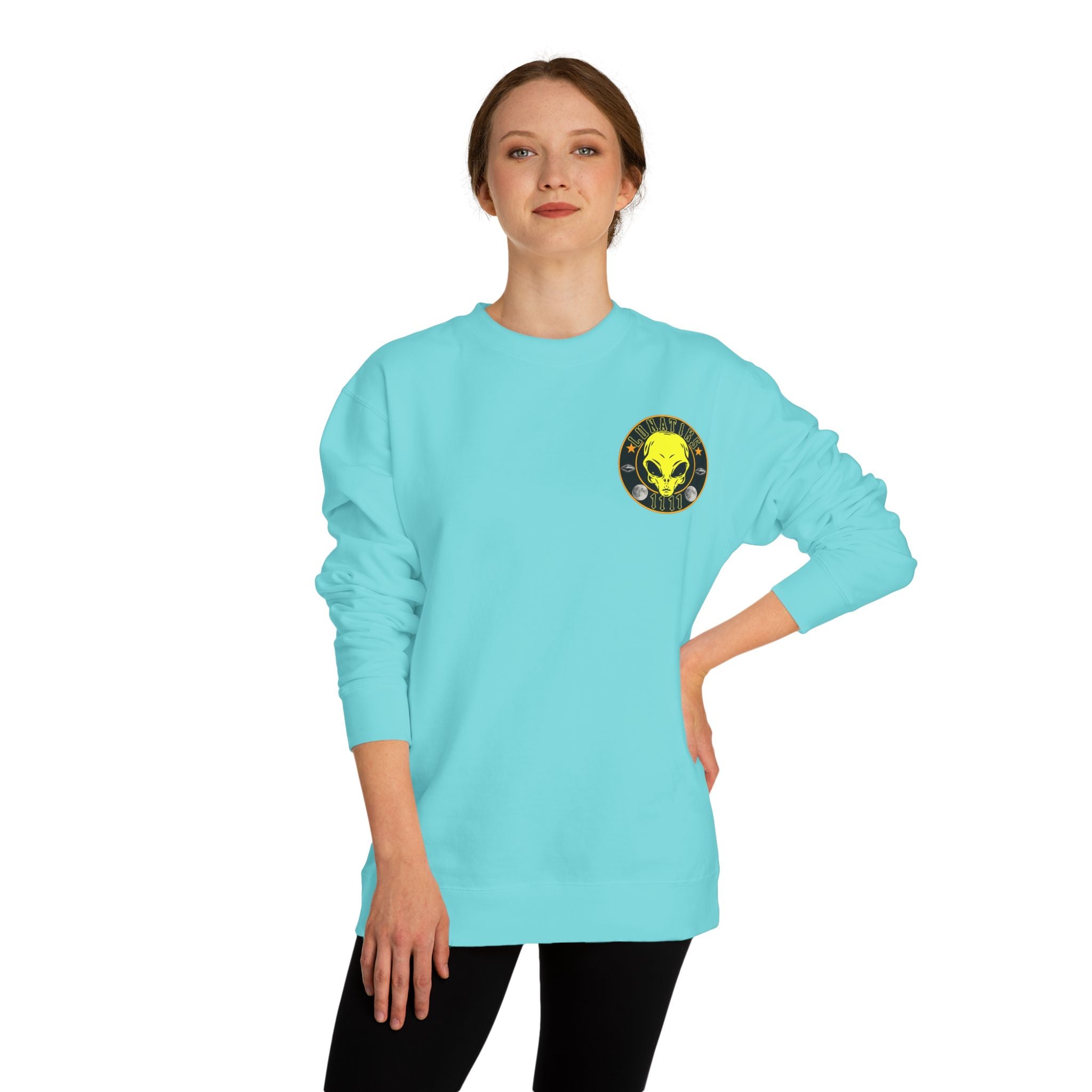 Alien Skull Crewneck Sweatshirt — Neon Green UFO Graphic