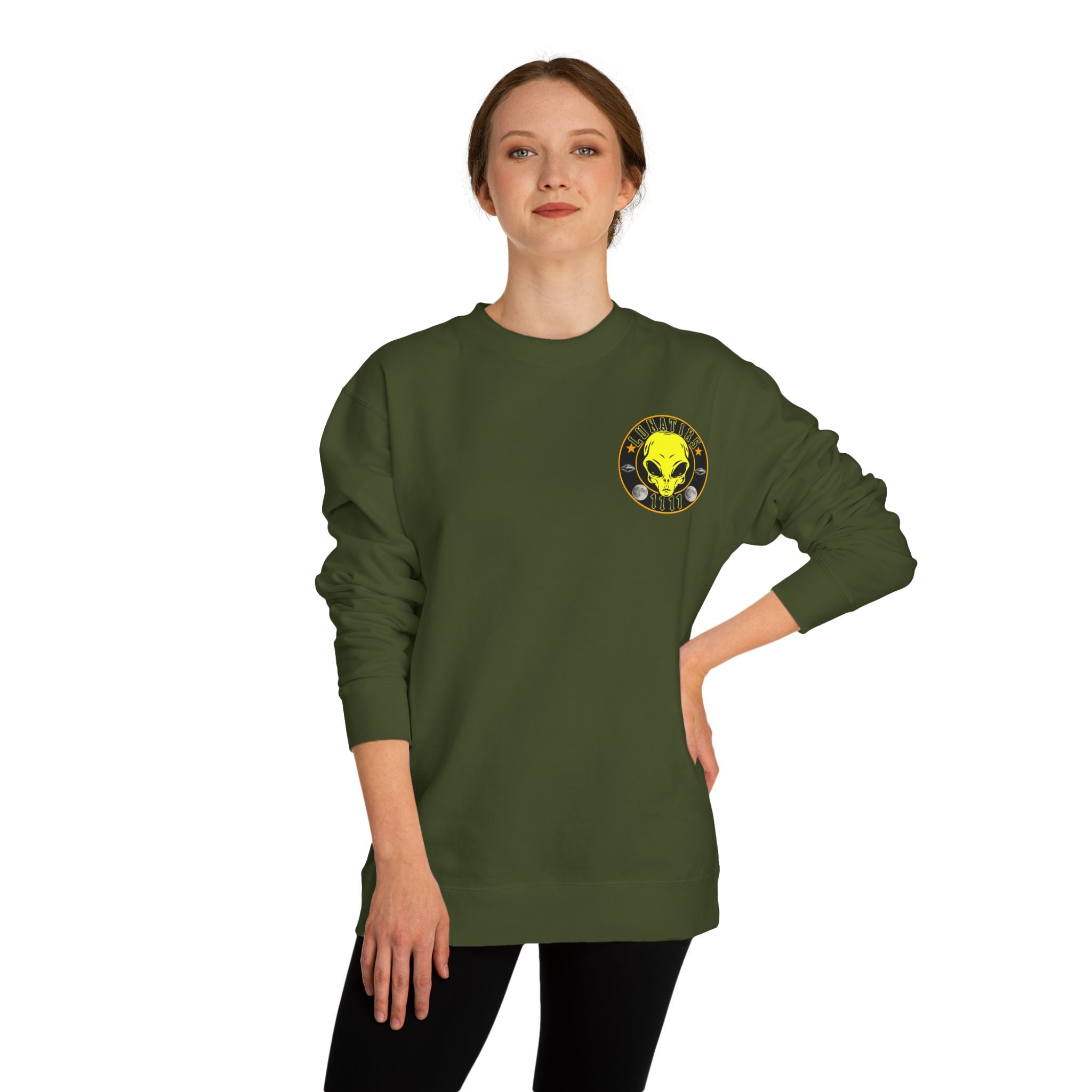 Alien Skull Crewneck Sweatshirt — Neon Green UFO Graphic